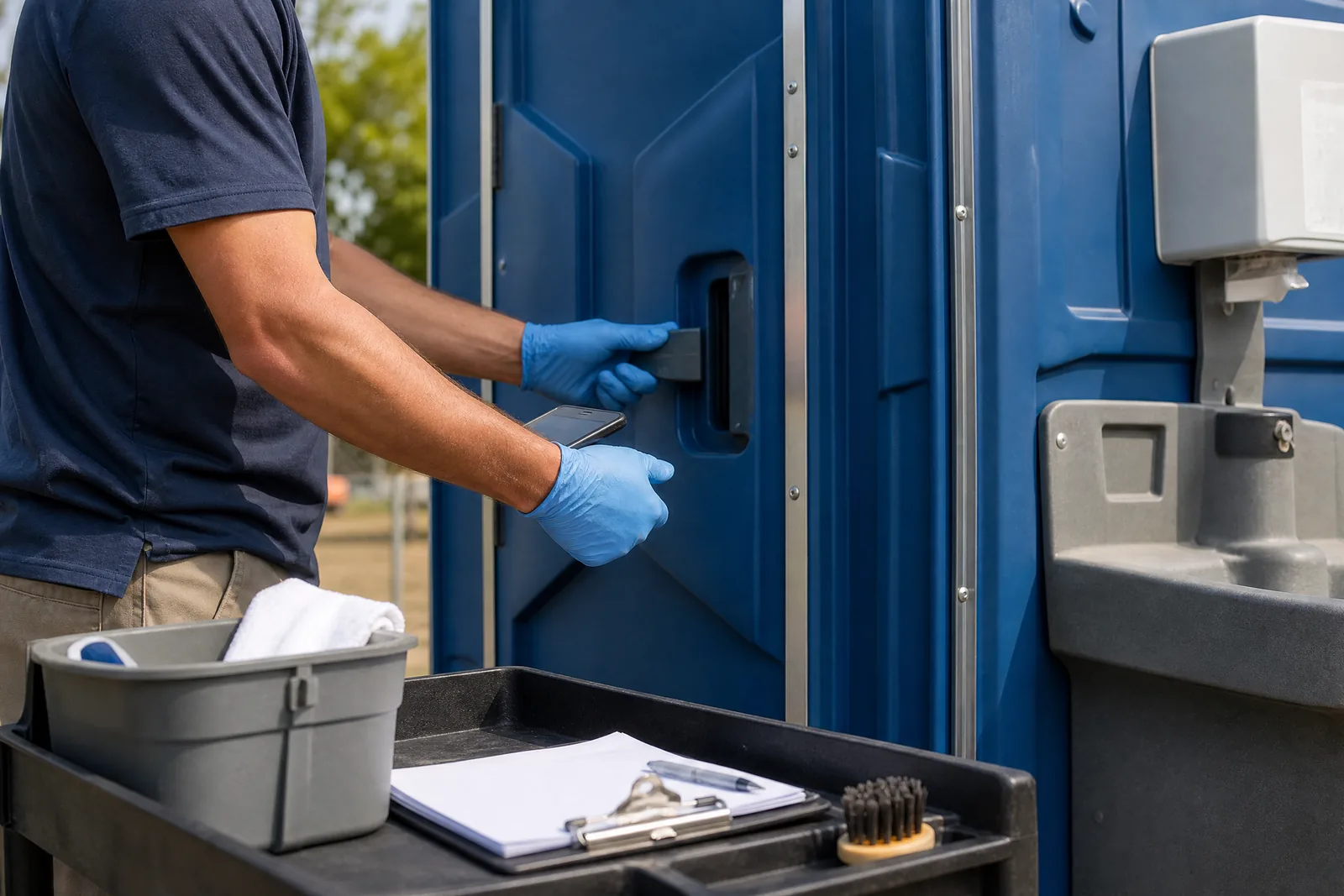 Clean portable restroom near a paved path beside a San Francisco-style park gathering in overcast light